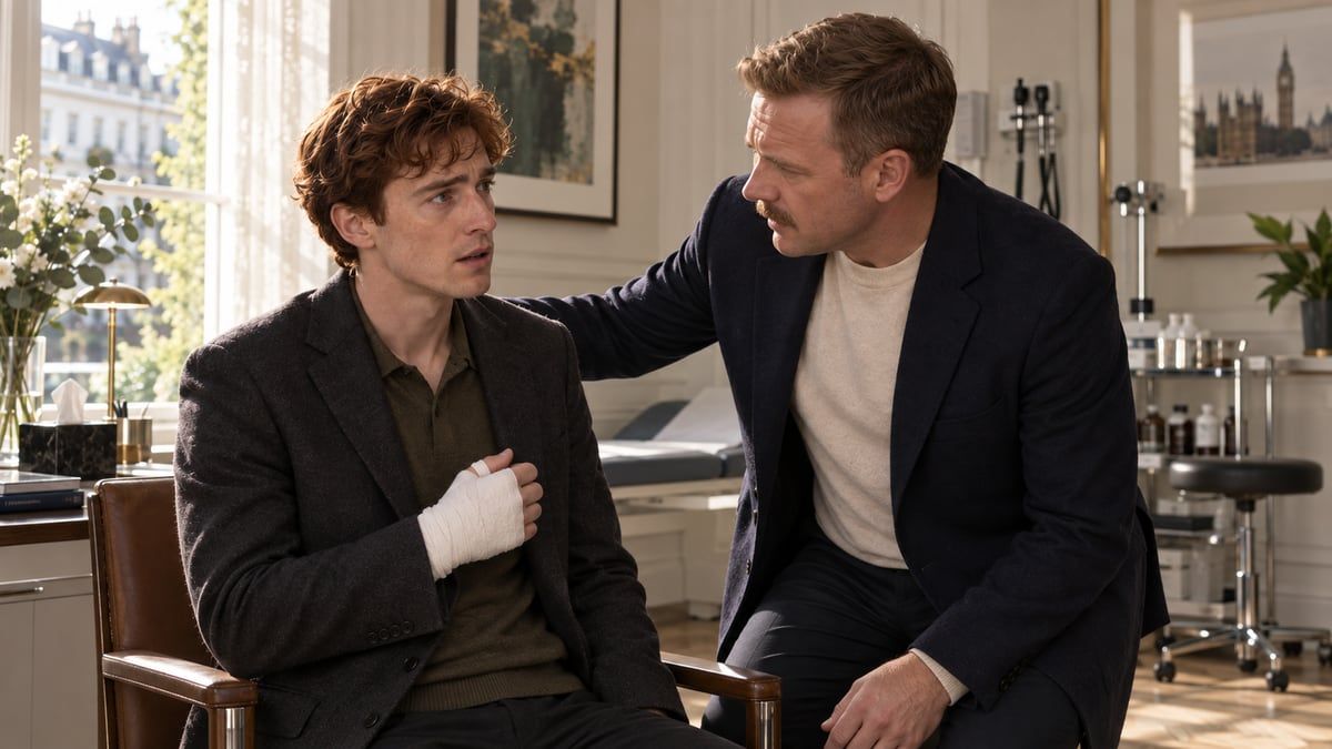 Dr Watson guiding Victor to a chair to examine his injured hand