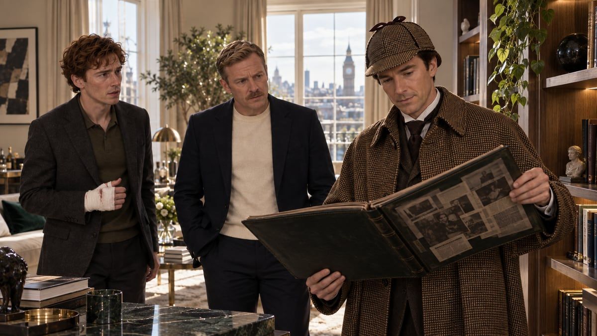 Holmes retrieving his scrapbook of newspaper clippings