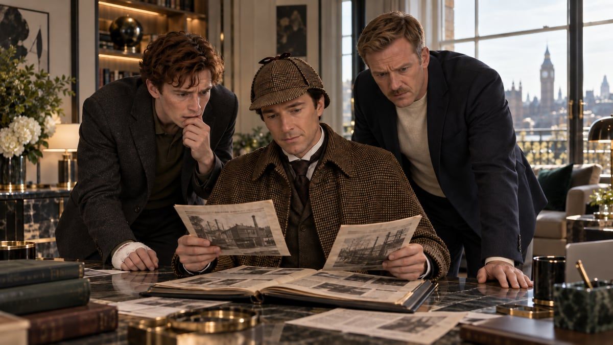 Holmes lays two newspaper clippings side by side; Victor reacts with horror