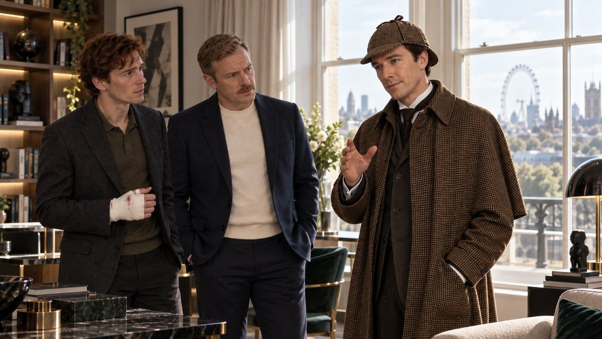 Holmes explains his deduction by the window as Victor nods