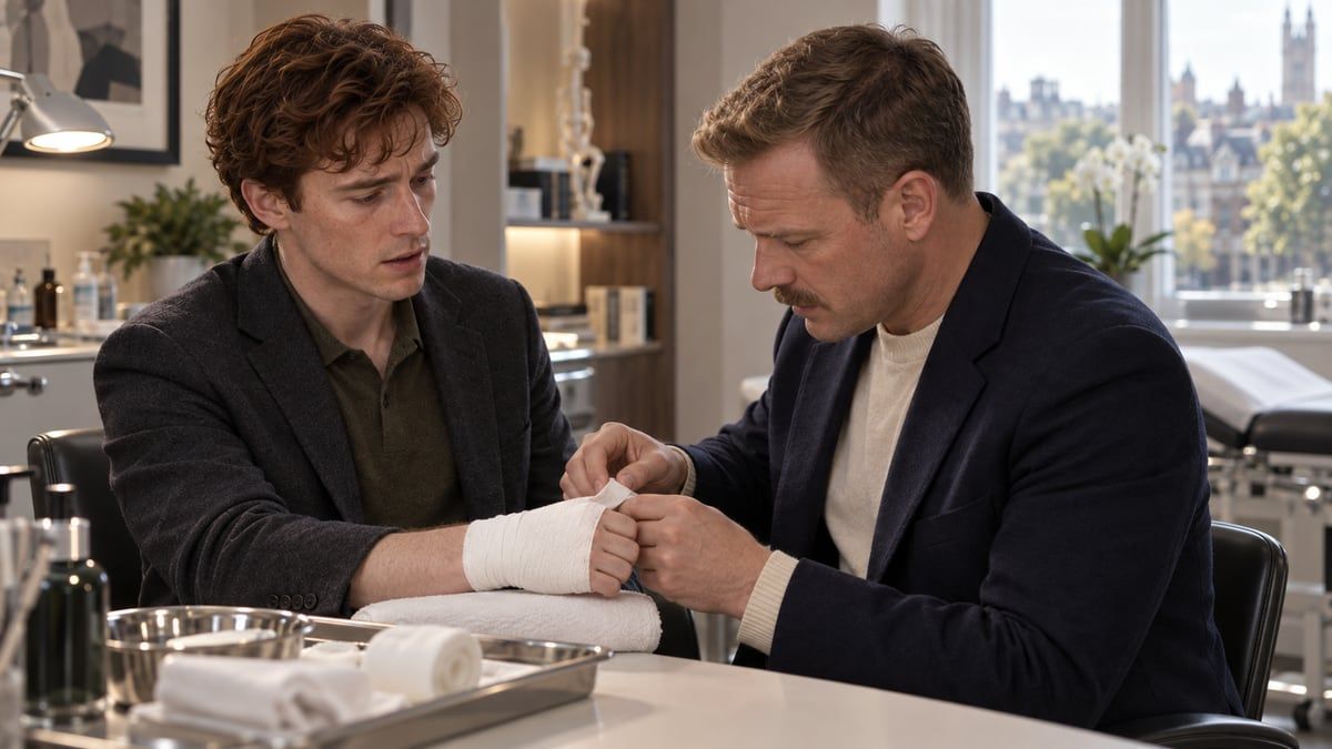 Watson bandaging Victor's injured hand at his medical desk