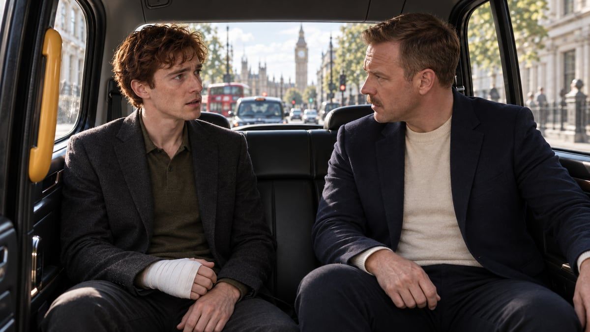 Watson and Victor riding a cab to Baker Street