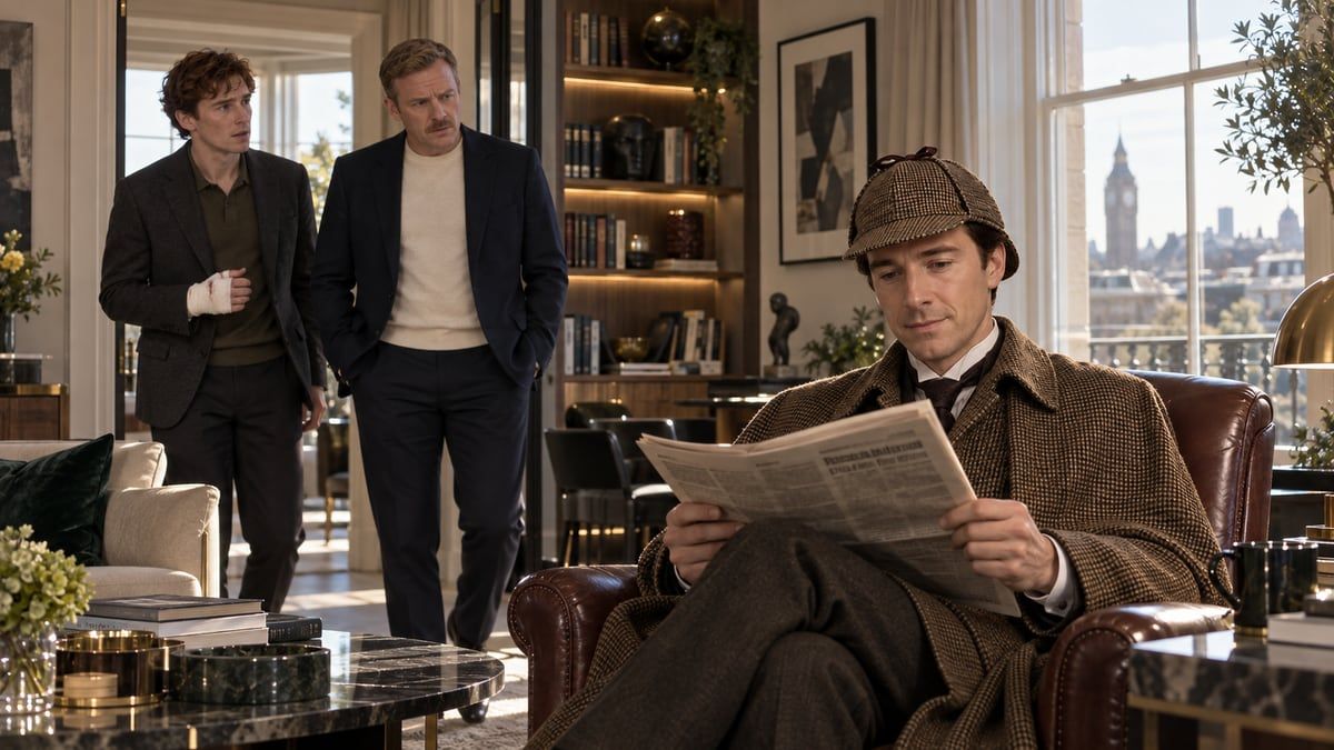 Sherlock Holmes relaxing in his armchair, reading the newspaper