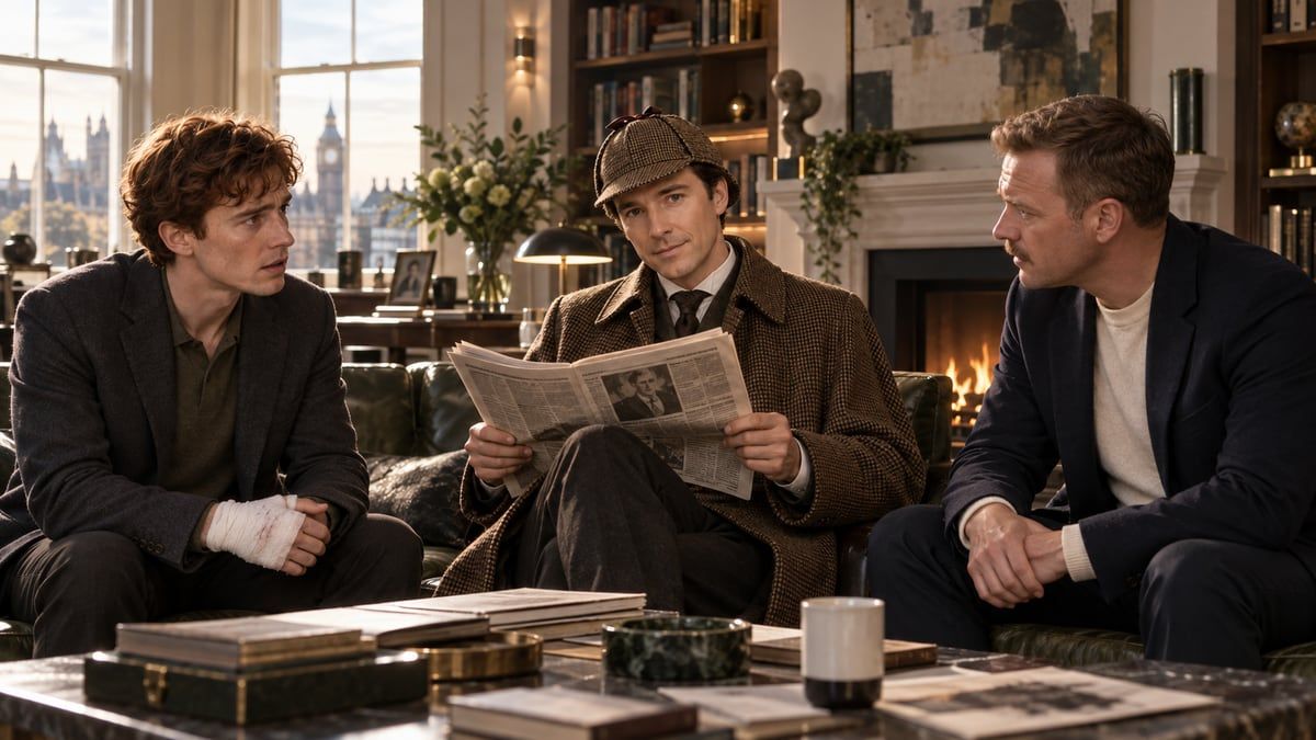 Sherlock Holmes looks up from his newspaper to greet Watson and Victor