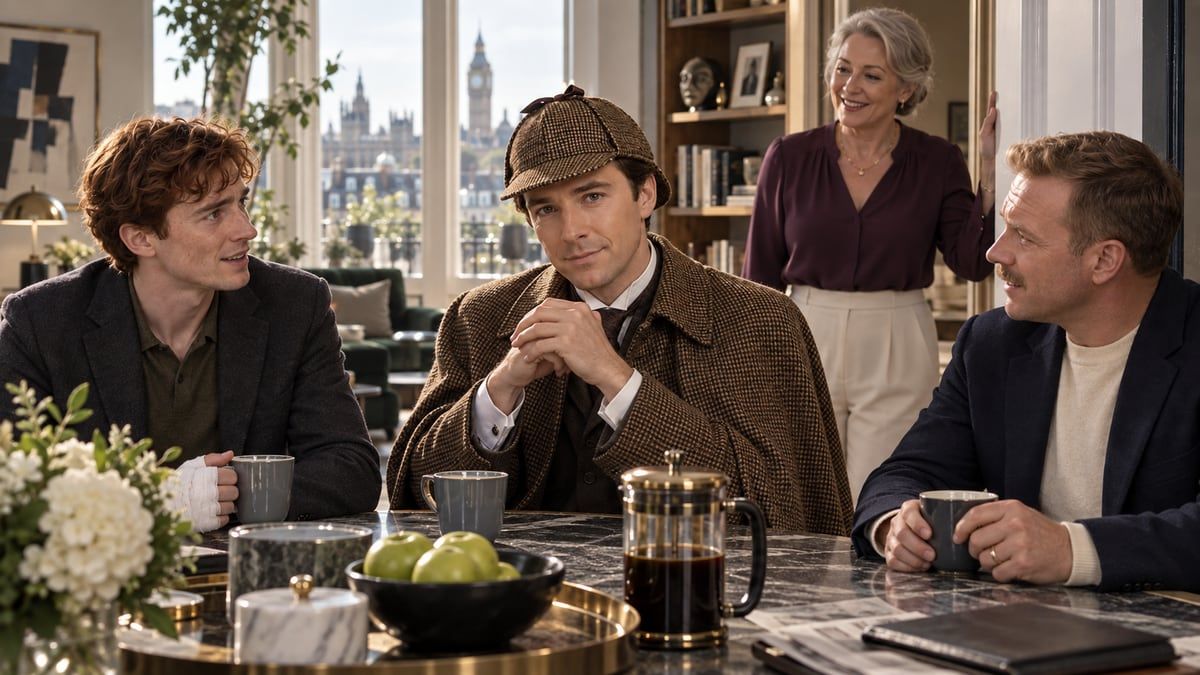 Mrs Hudson announcing the breakfast choices to Holmes, Watson and Victor
