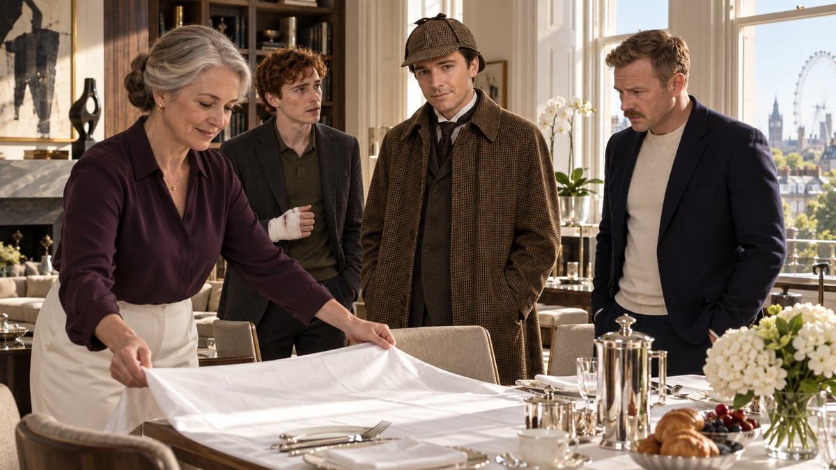 Mrs Hudson spreading the tablecloth for breakfast at Baker Street