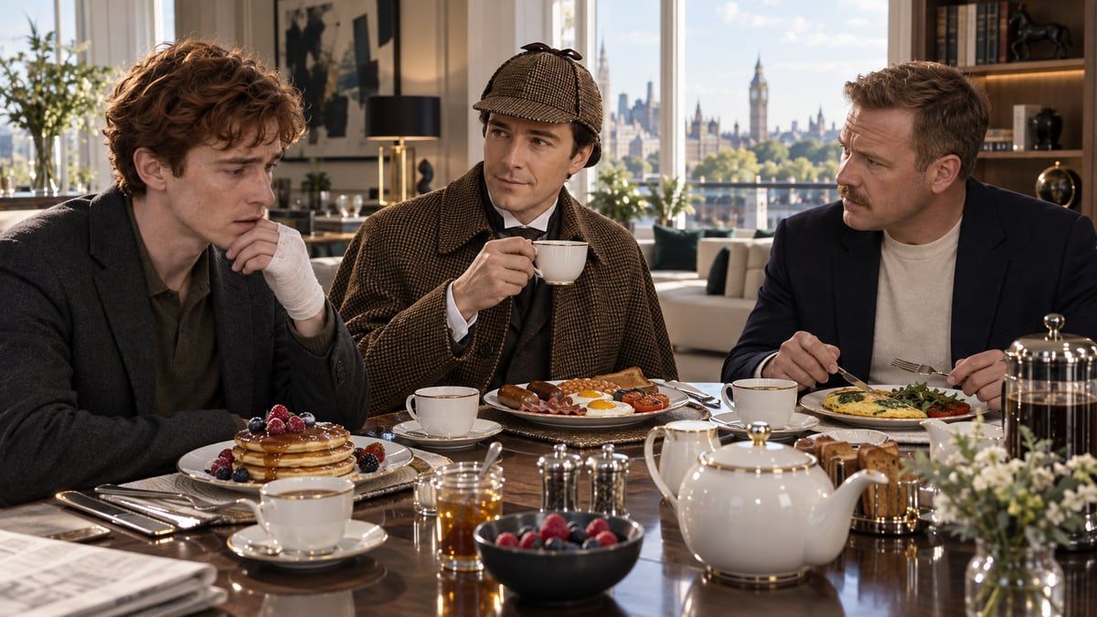 Breakfast served: Holmes, Victor and Watson at the table