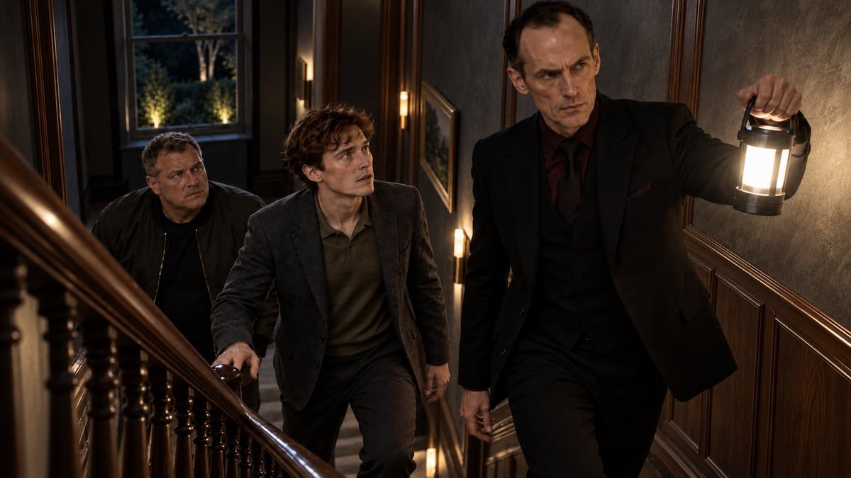 Stark and Ferguson lead Victor up a dark, narrow staircase