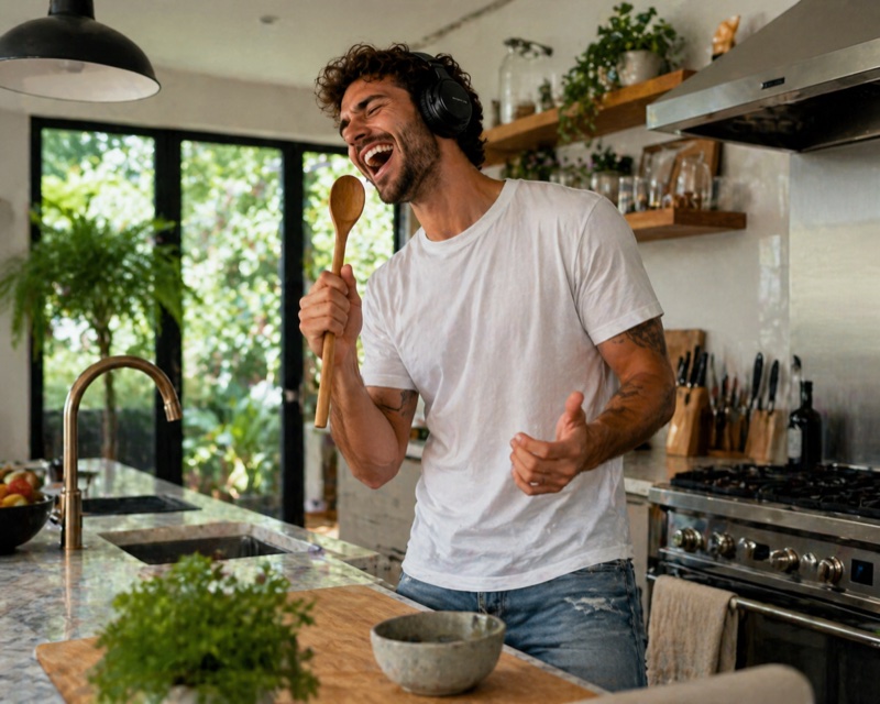 Tom singing in the kitchen with a wooden spoon