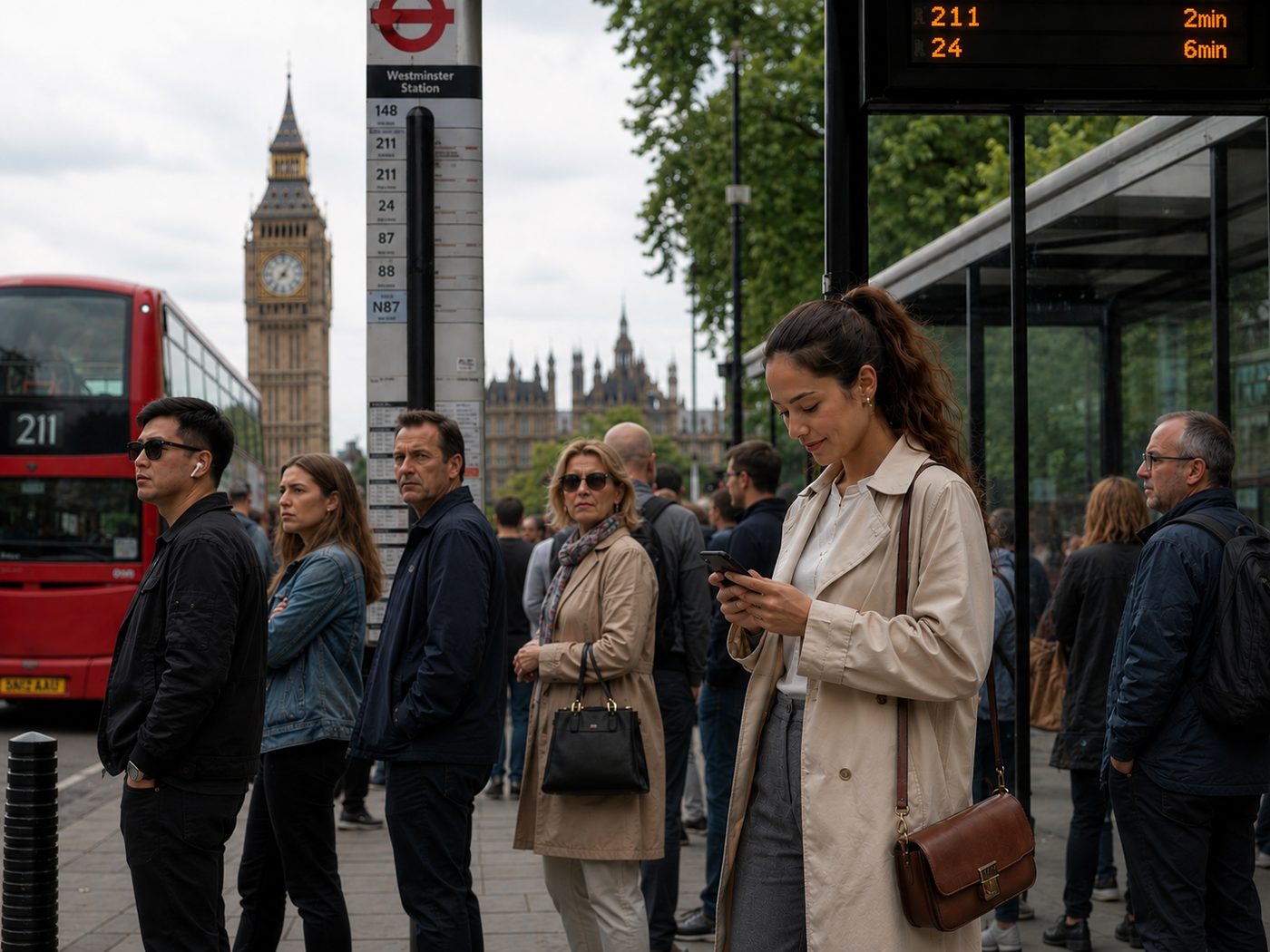 A woman waiting at a bus stop, looking at her phone