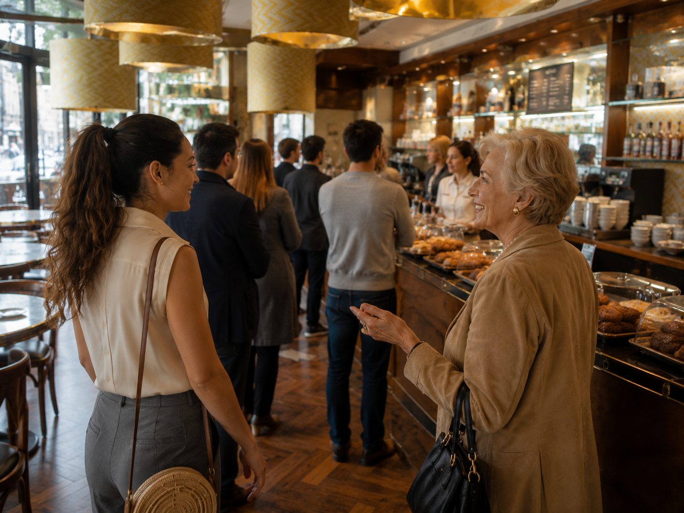 Two women talking in a café queue