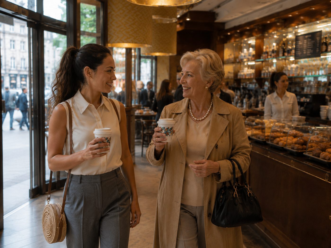 Nina and a stranger leaving a café with coffee, talking