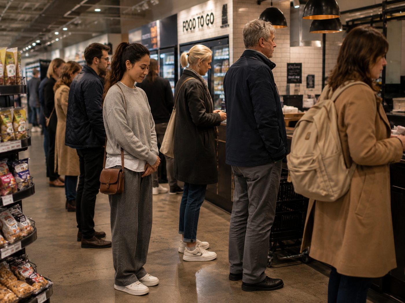 A woman standing in a queue, looking down