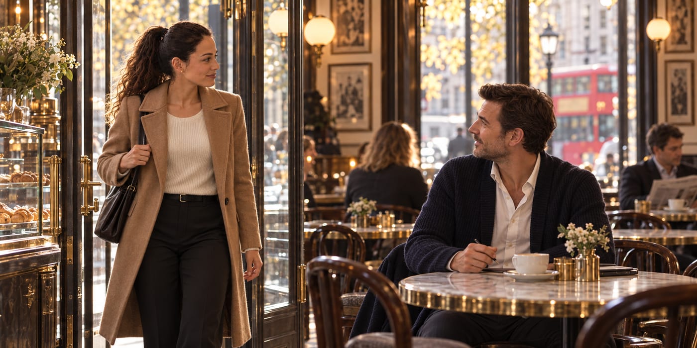 Nina walking into the café on Monday with quiet determination