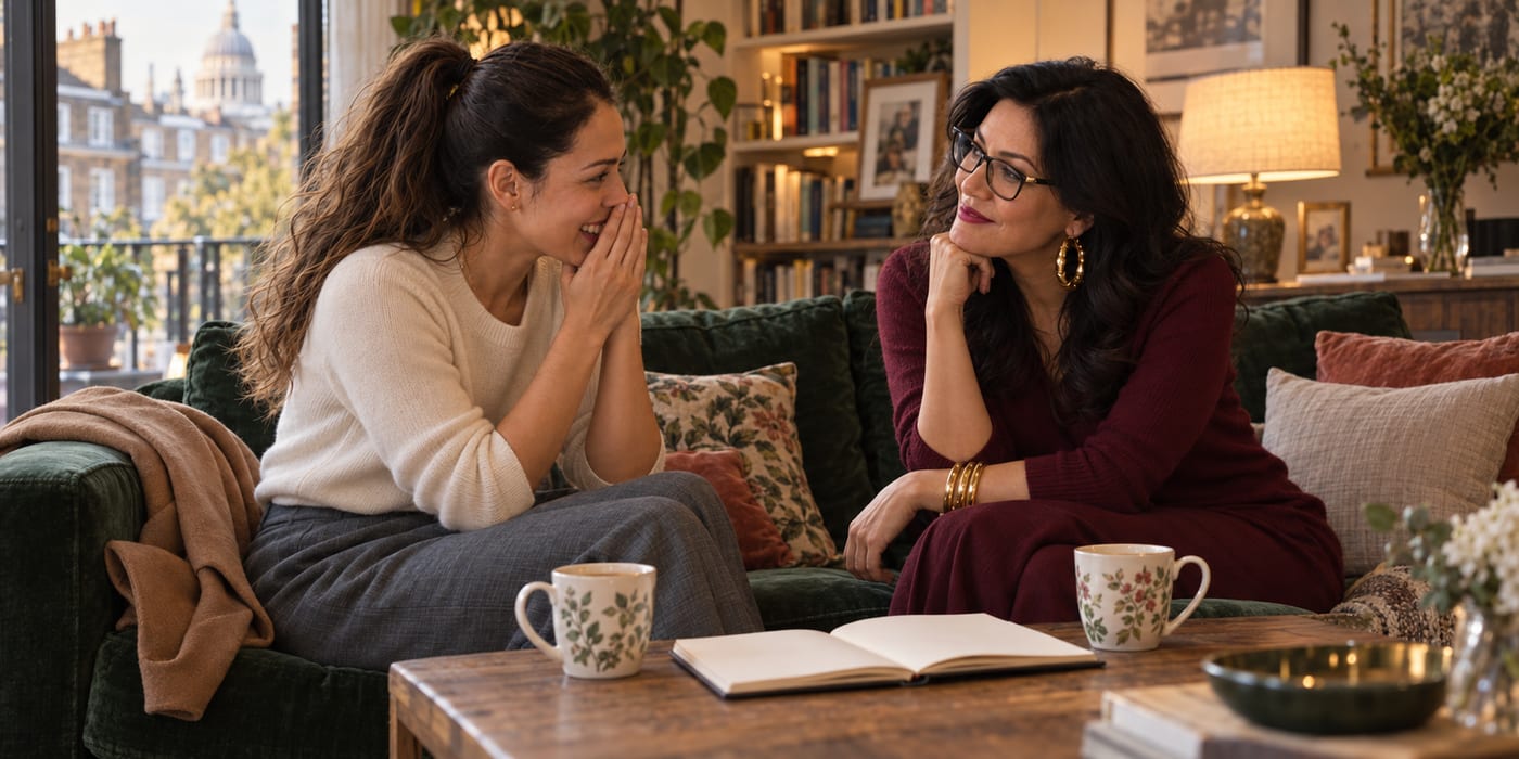 Nina telling Emma what happened, the misunderstanding resolved