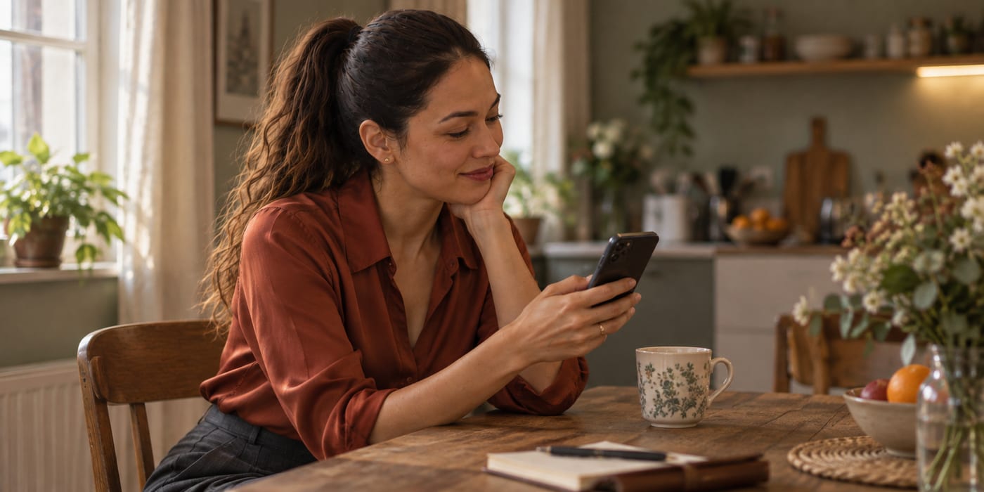 Nina reading the message a third time in her kitchen
