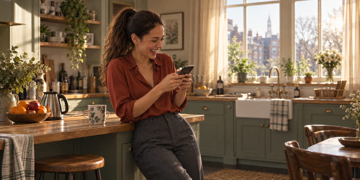 Nina laughing out loud, alone in her kitchen