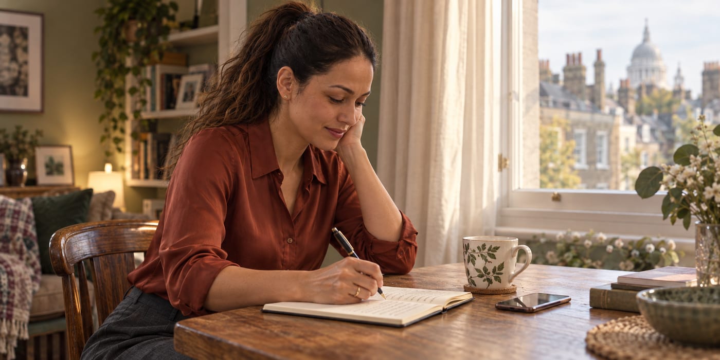 Nina writing in her journal, adding his name to her list, spelled correctly
