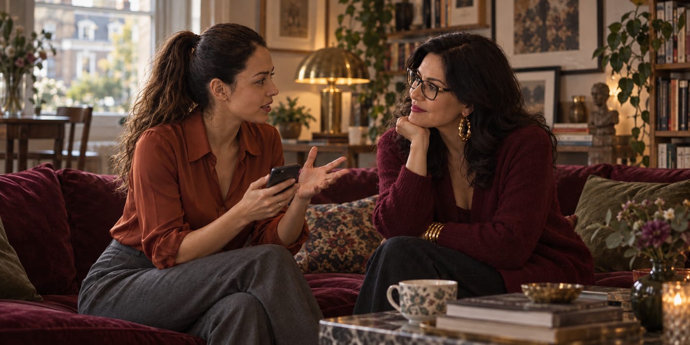 Nina telling Emma about Tom's plan on the sofa