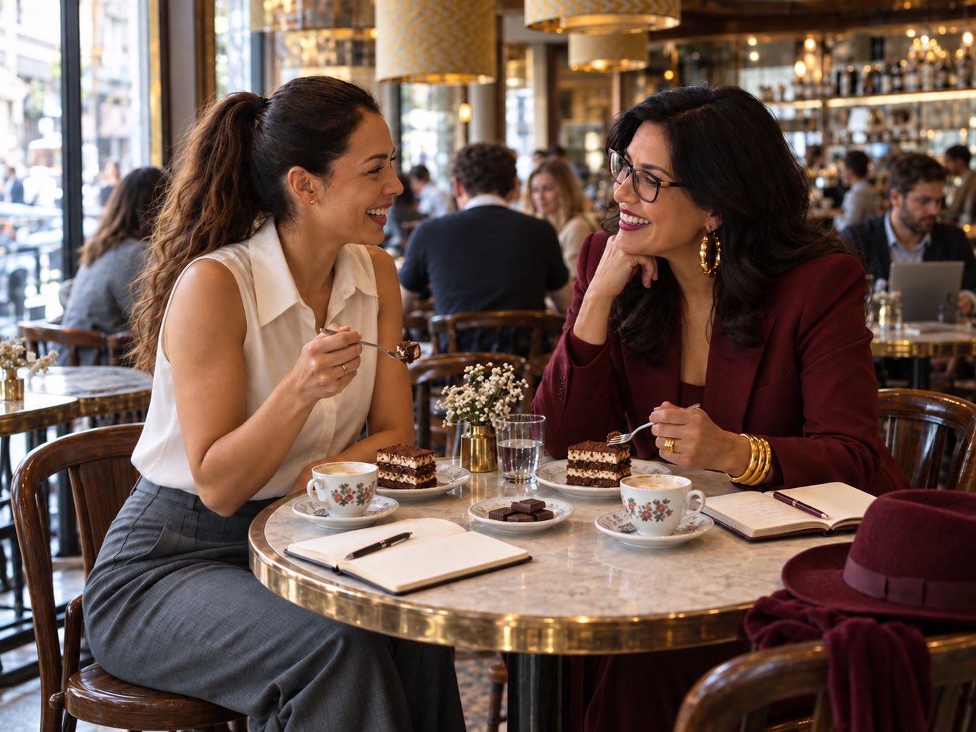 Nina and Emma laughing over cake, with open journals on the table
