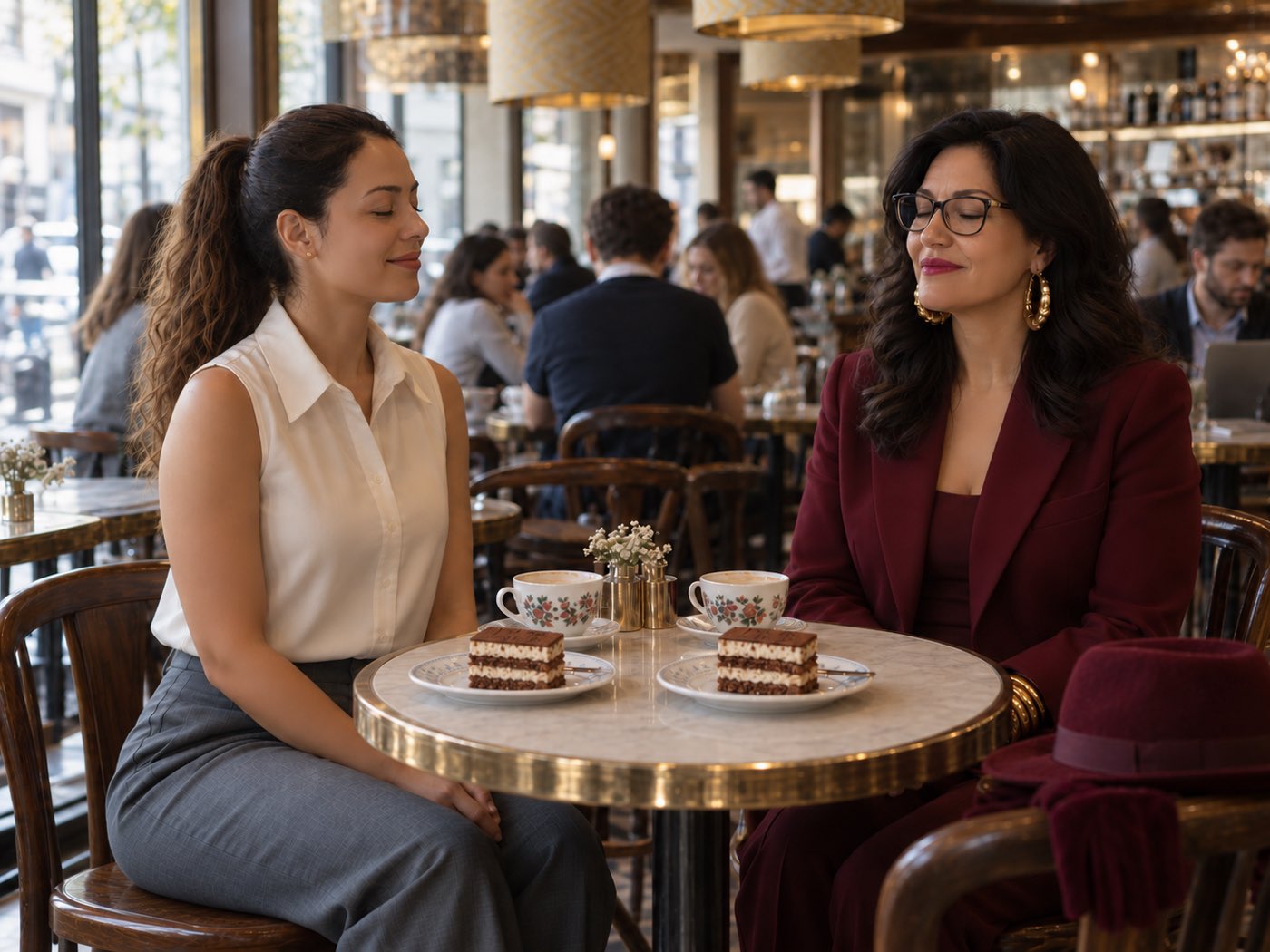 Nina and Emma sitting at a café table with their eyes closed