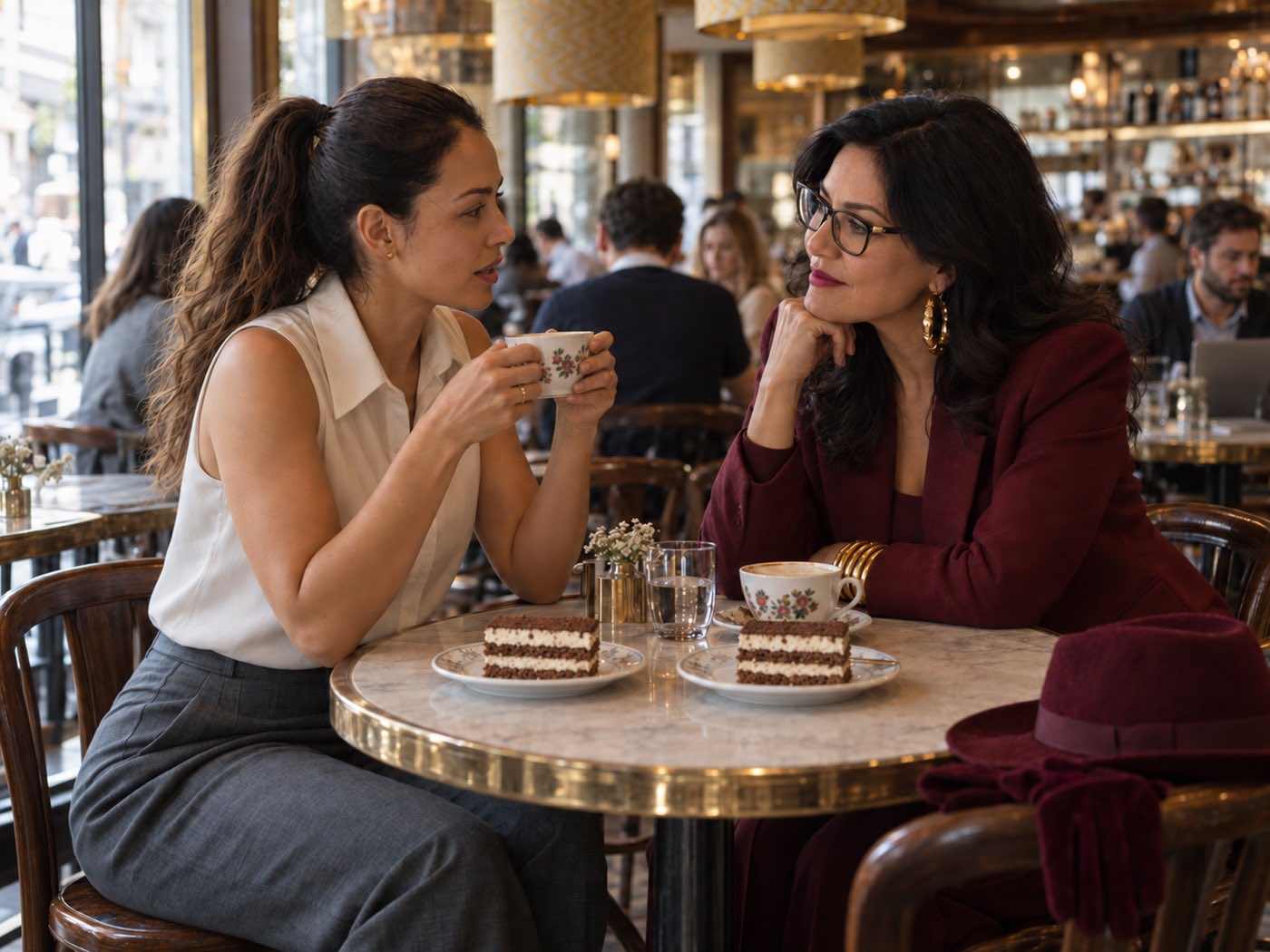 Nina and Emma talking over tea and cake at a café table
