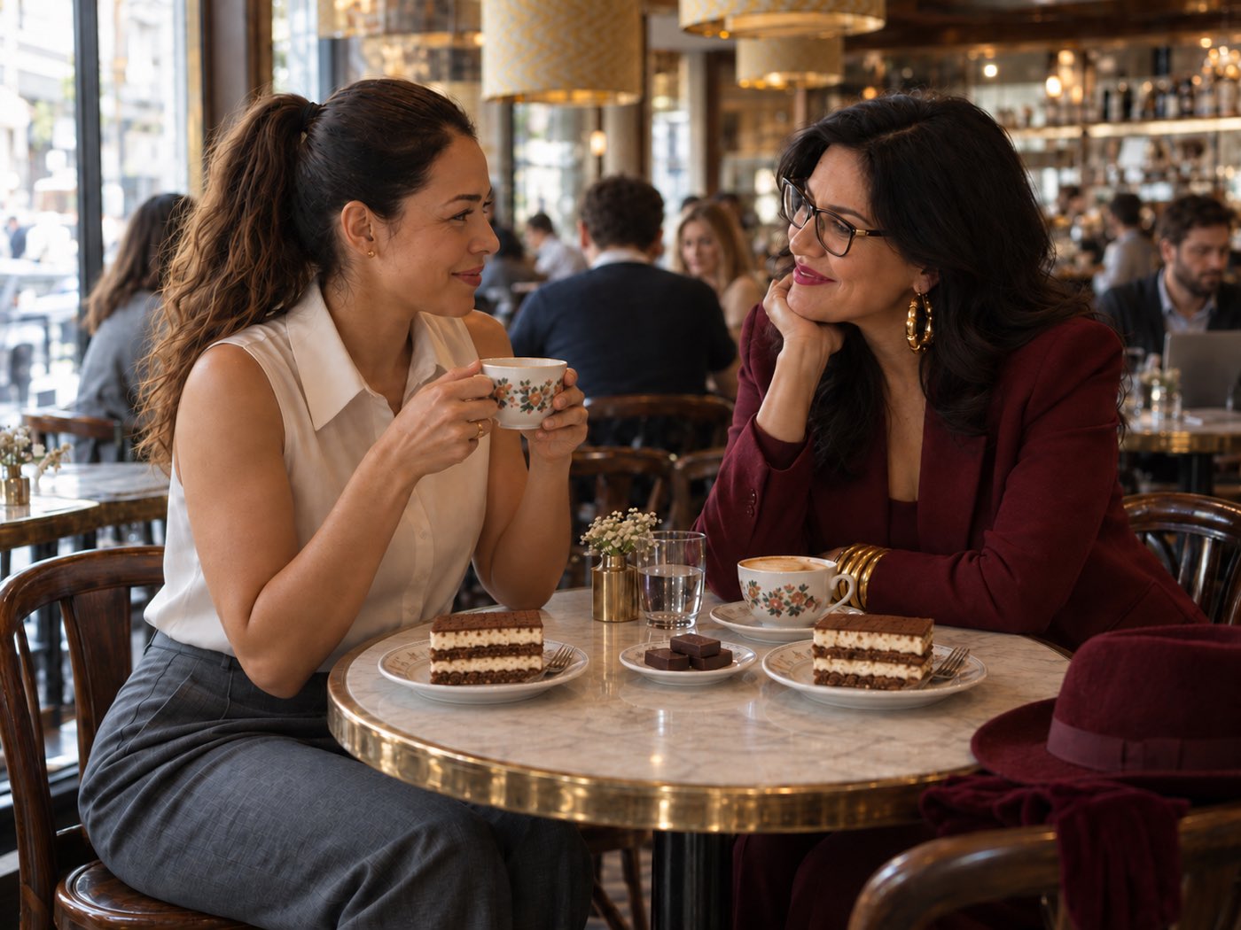 Nina and Emma smiling at each other over tea in a London café