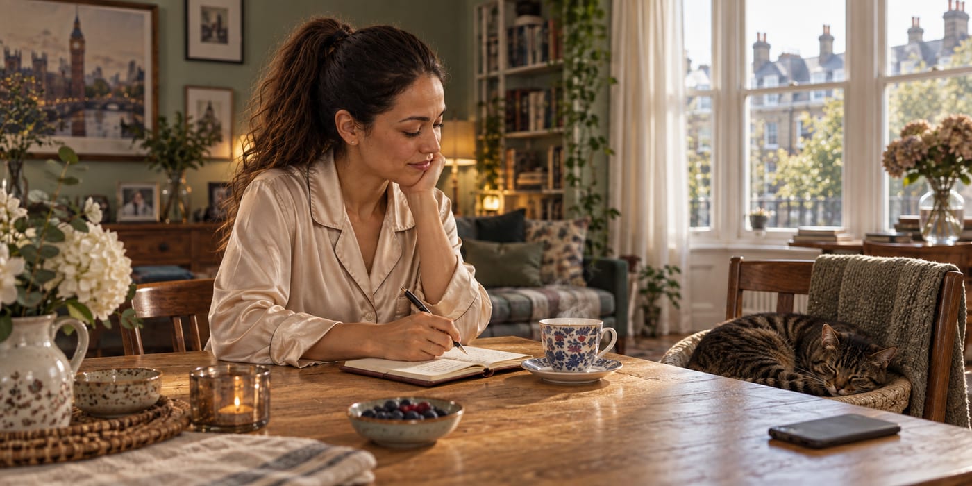 Nina at her kitchen table with tea and an open notebook, writing her first gratitude list
