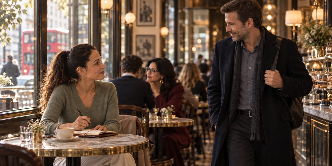 The man from the bus stop noticing Nina's notebook in the café