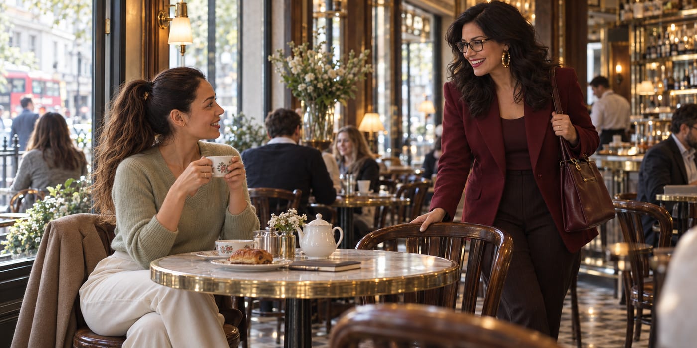 Emma and Nina bumping into each other at the café