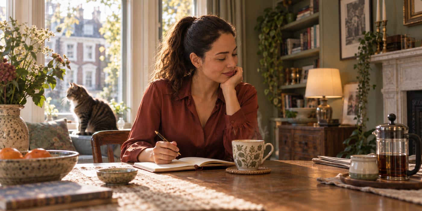 Nina writing in her notebook, leaving a name out of her list