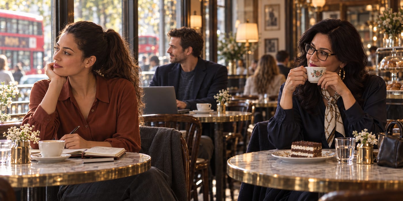 Emma smiling into her coffee cup, having noticed everything