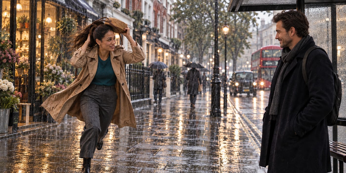 Nina running through the rain towards the bus shelter where Tom is standing