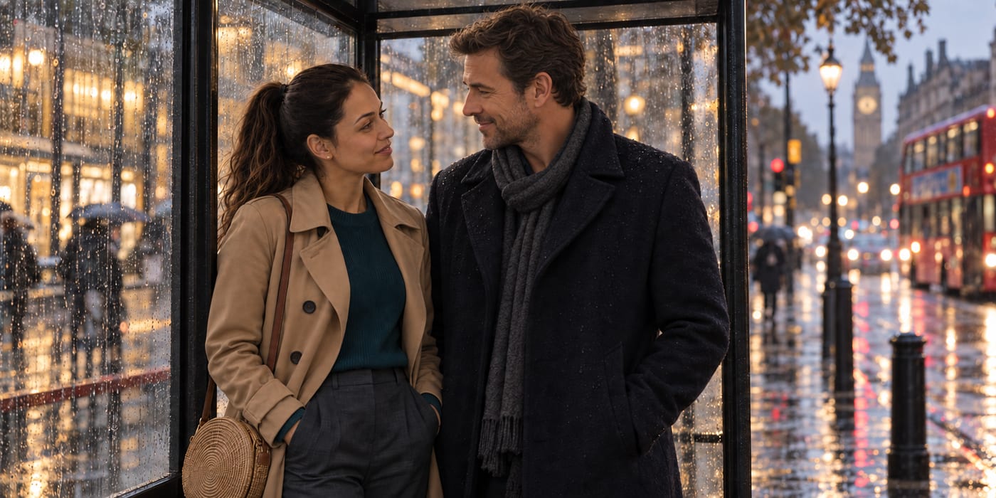 Nina and Tom standing together under the shelter, in no hurry at all