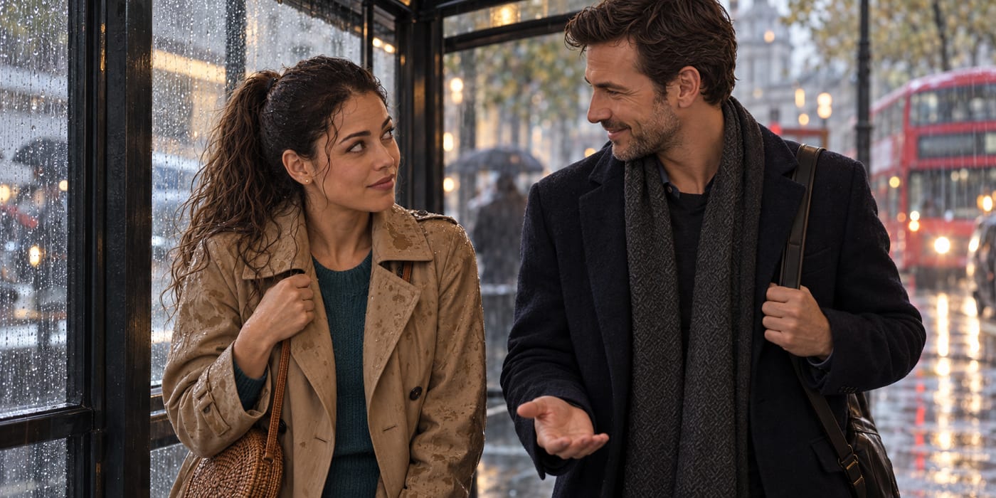 Tom telling Nina she's getting soaked, making room under the shelter
