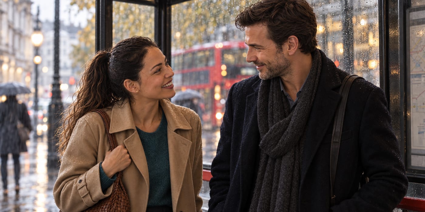 Nina smiling, telling Tom to ask her when the rain stops
