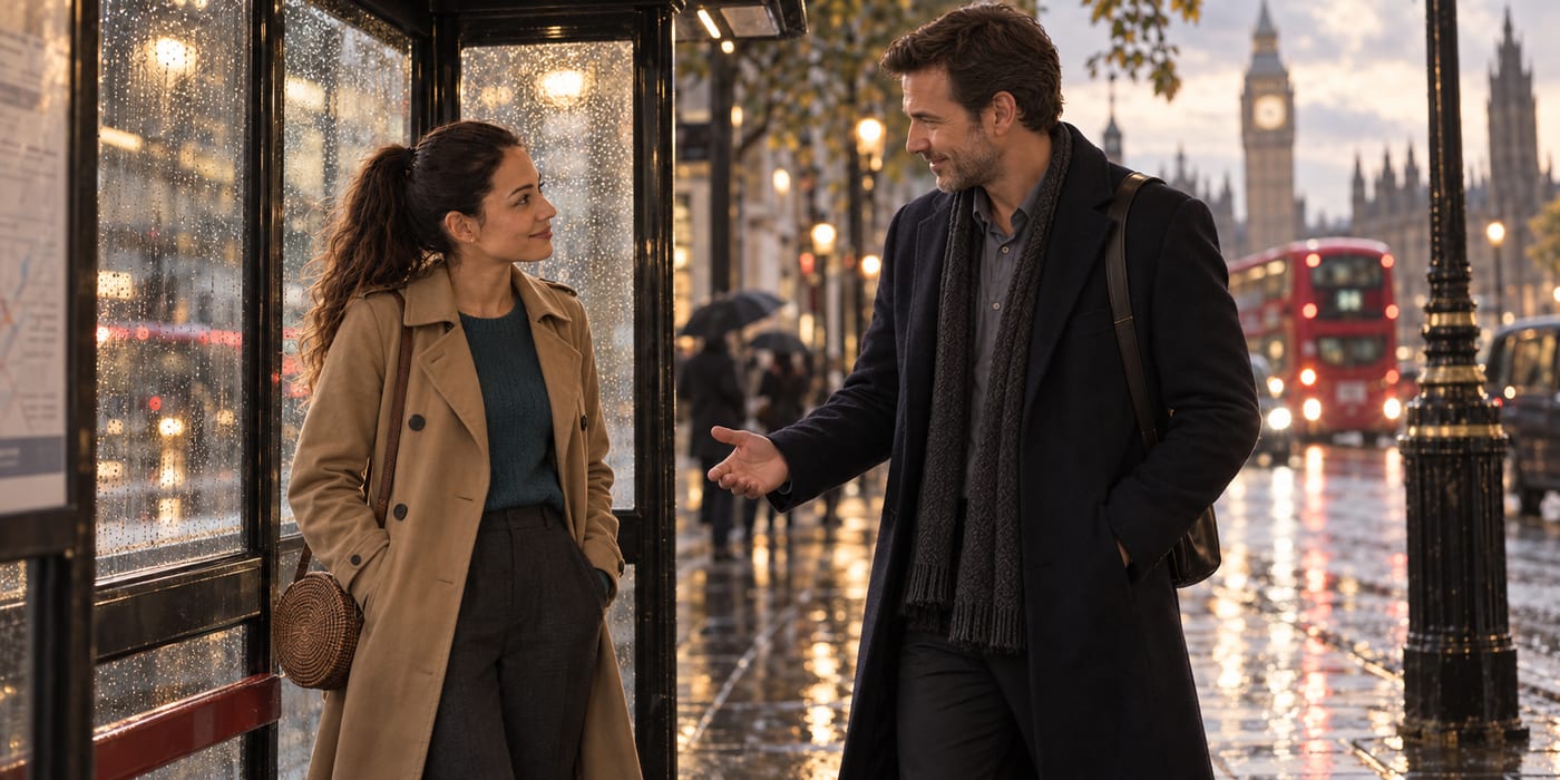 Tom inviting Nina to share his table on Friday, remembered from the bus shelter