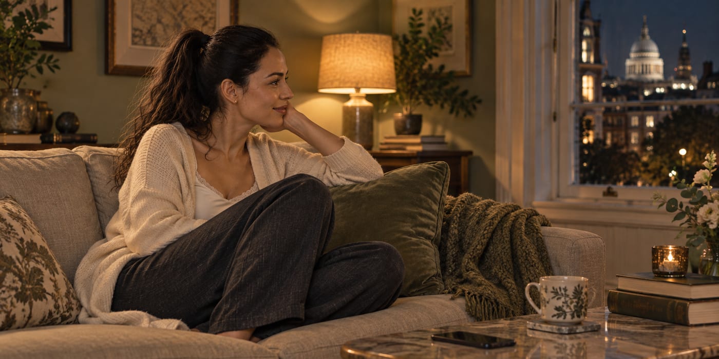 Nina relaxed on the sofa after the reassuring phone call