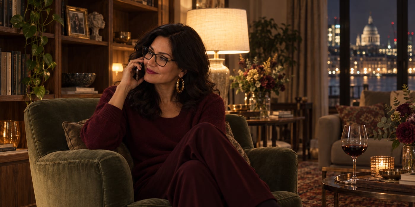 Emma at home, understanding immediately what Nina is calling about