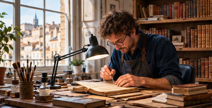 Julien restaure un livre ancien dans son atelier