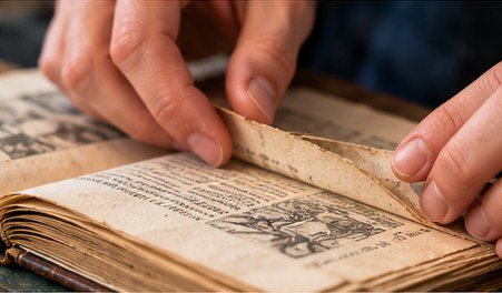 Deux doigts tiennent une page ancienne