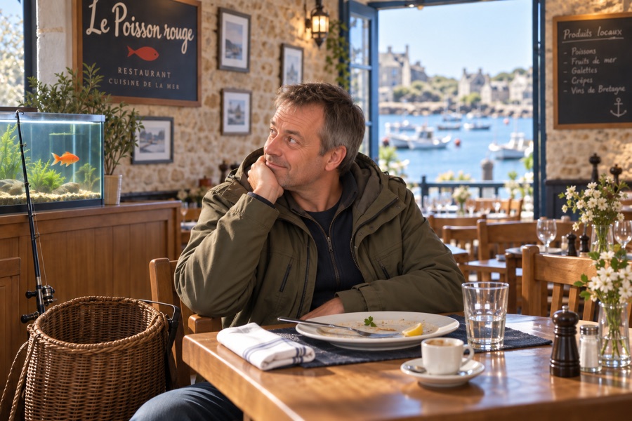 Marc, content, à sa table après le déjeuner